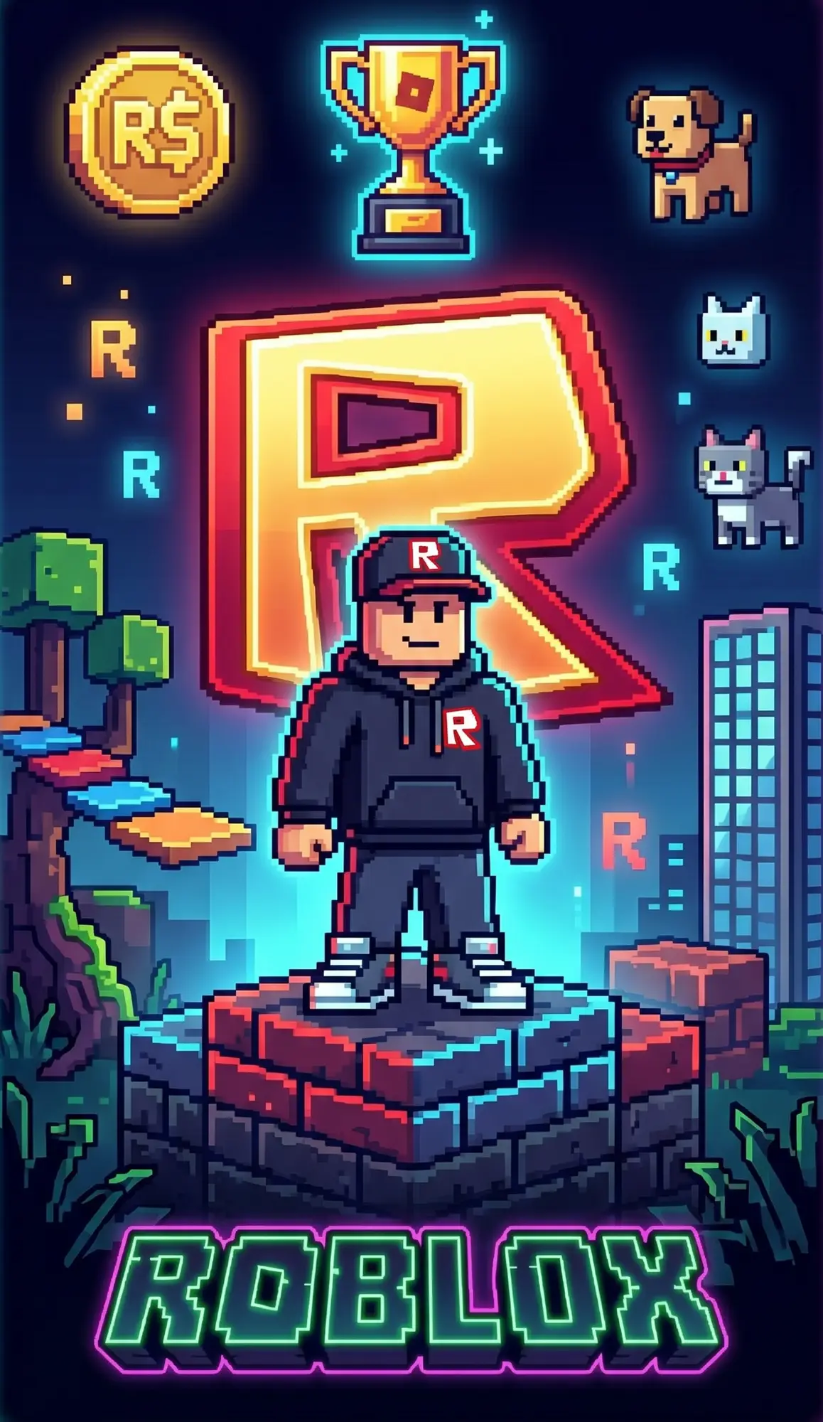 Roblox-figur i en neonby i pikselkunst