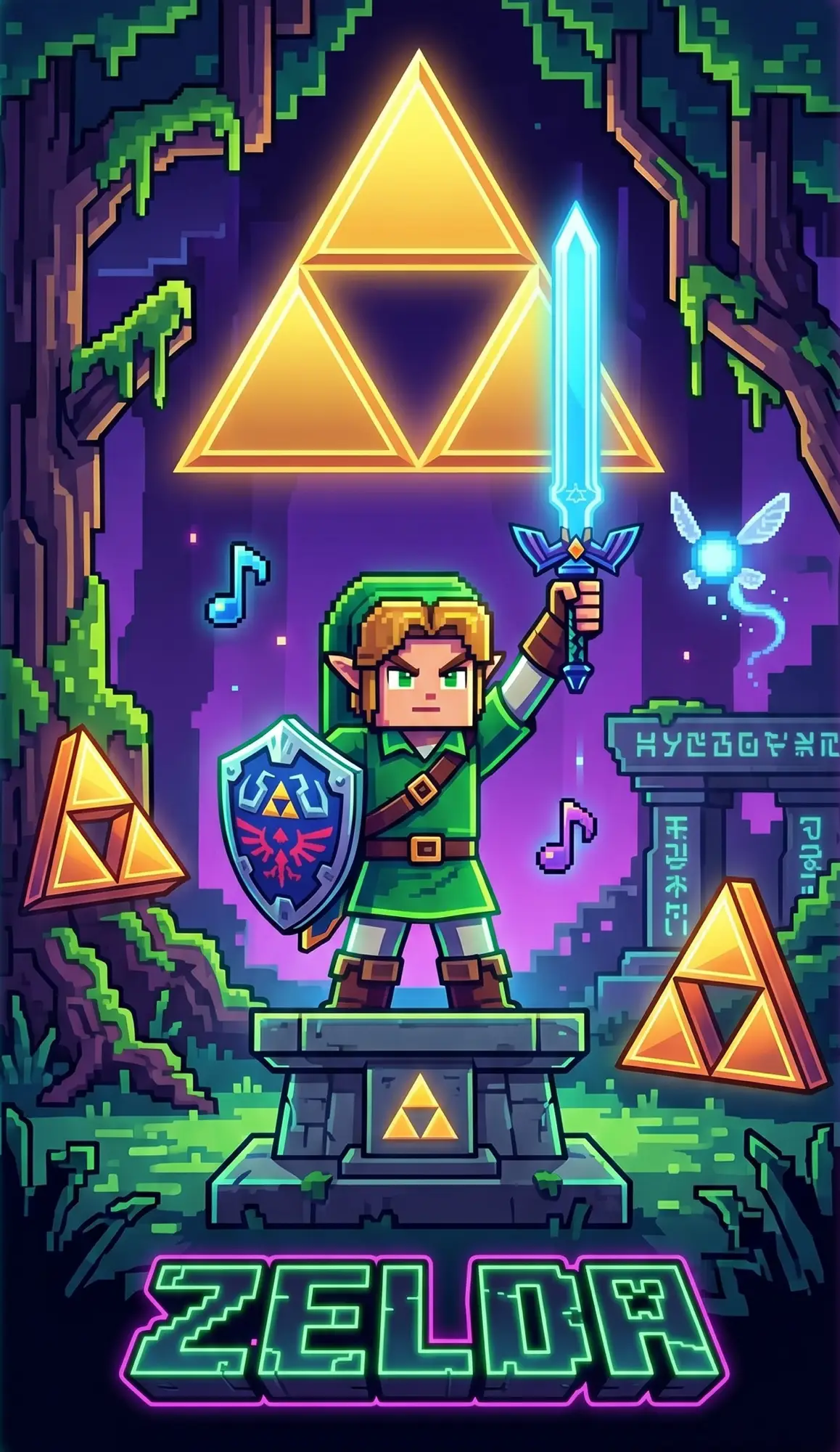 Link med sverd og skjold foran Triforce i pikselkunst